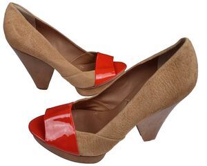 BCBG MAXAZRIA Tan & Orange Leather Platform Heel Pumps Size US 9.5 B Wooden Heel